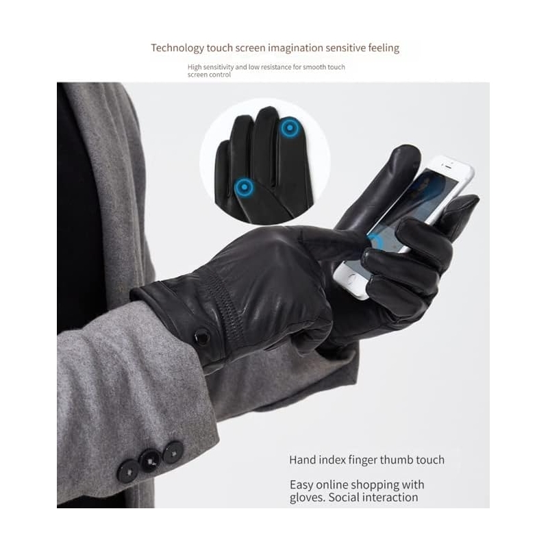 Tillonetiy Men's Winter Genuine Sheepskin Gloves, Touch Screen Warm Leather Gloves for Men, Cashmere Lined Outdoor Driving - Image 4